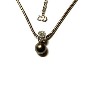 Dior Silver Faux Black Pearl & Swarovski Crystal Pendant Necklace
